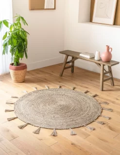 Tapis Rond En Jute Avec Fil Scintillant Et Pompons