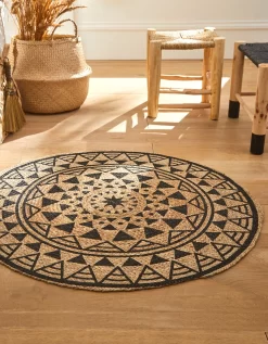 Tapis Rond En Jute Imprimé Noir