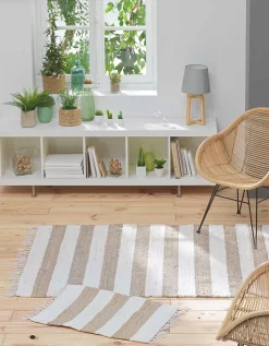 Tapis Rectangulaire Rayé Bicolore à Franges