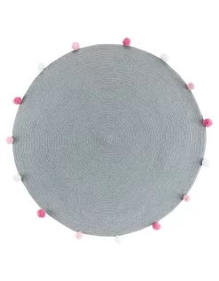 Tapis Rond Finition Pompons Gris/rose