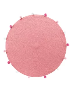 Tapis Rond Finition Pompons Rose