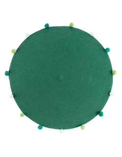Tapis Rond Finition Pompons Vert
