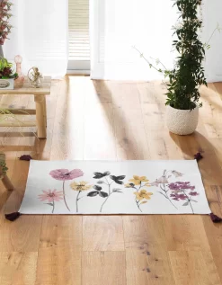Tapis Rectangulaire Finition Pompons, Imprimé Fleurs