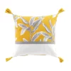 Coussin Bicolore Imprimé Feuillage Pompons