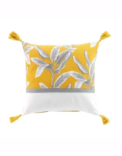 Coussin Bicolore Imprimé Feuillage Pompons