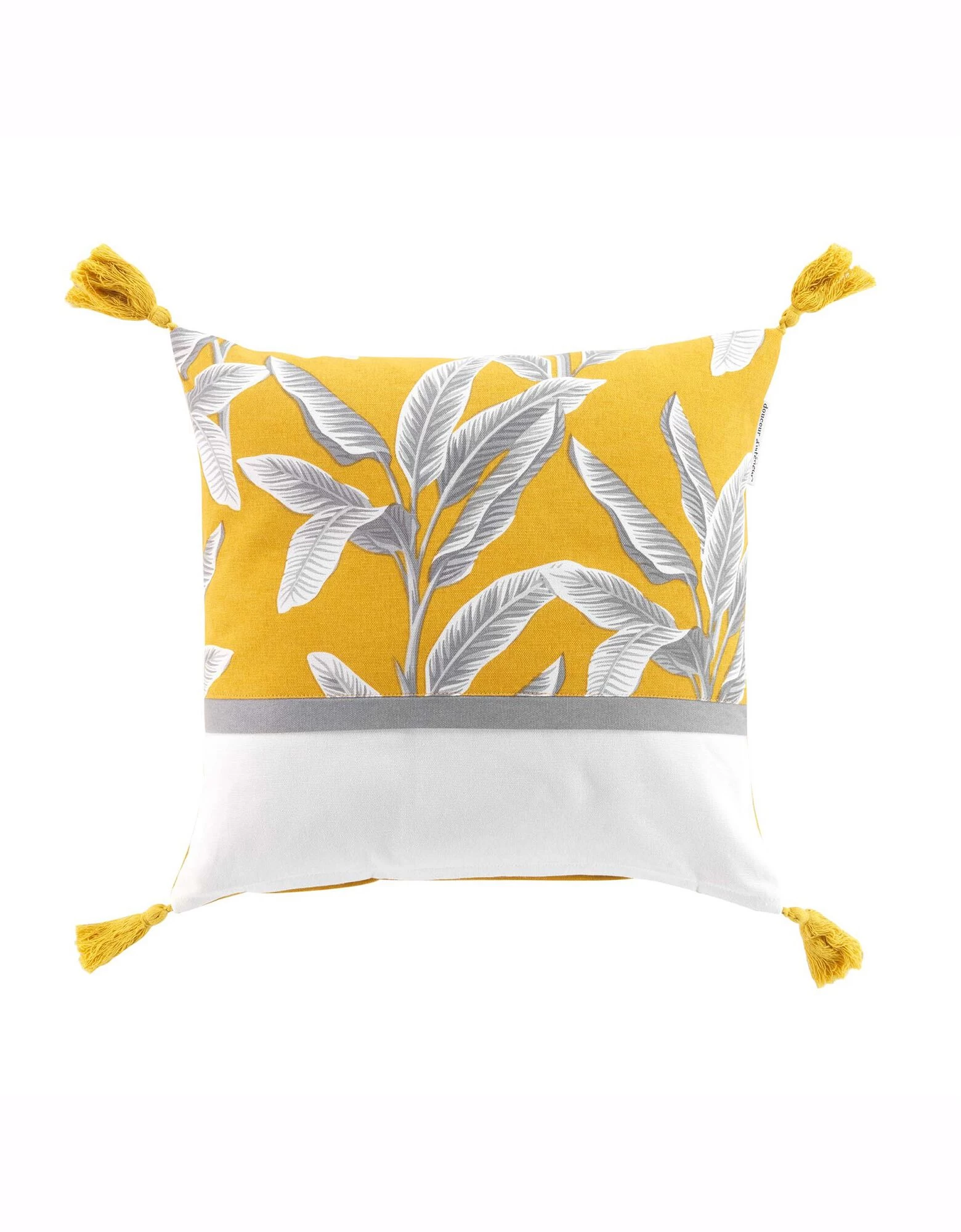 Coussin Bicolore Imprimé Feuillage Pompons 1 Coussin Bicolore Imprimé Feuillage Pompons